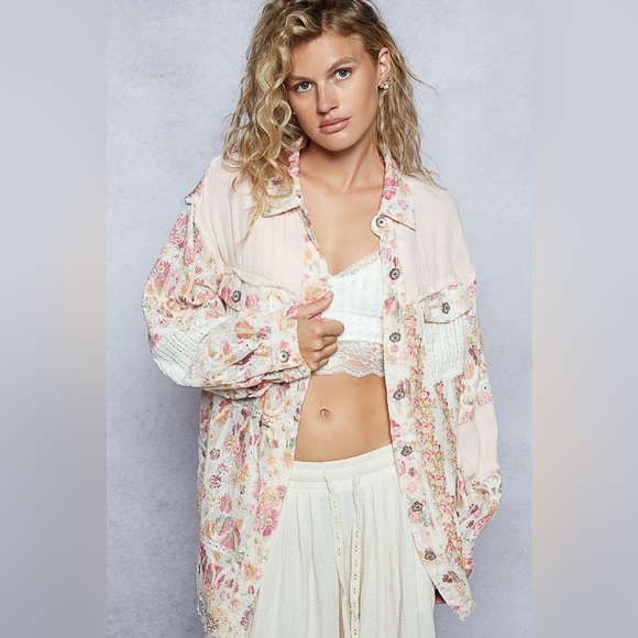 POL “ Wildflower Quilt “ Patchwork Button Down Shacket | Crimson Multi - Picture 2 of 5
